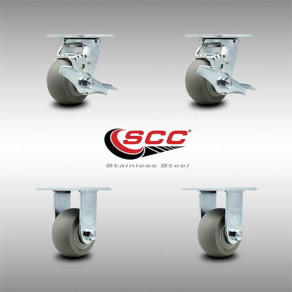 4 Inch SS Thermoplastic Rubber Caster Set with Roller Bearings 2 Brake 2 Rigid